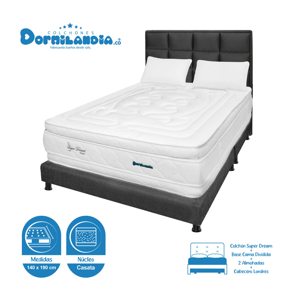 Combo Colchón Super Dream Blanco y Gris Doble 140 X 190 Cm Firmeza Firme Doble Faz Con Cabecero y Base Cama - COLCHONES | Bylmo