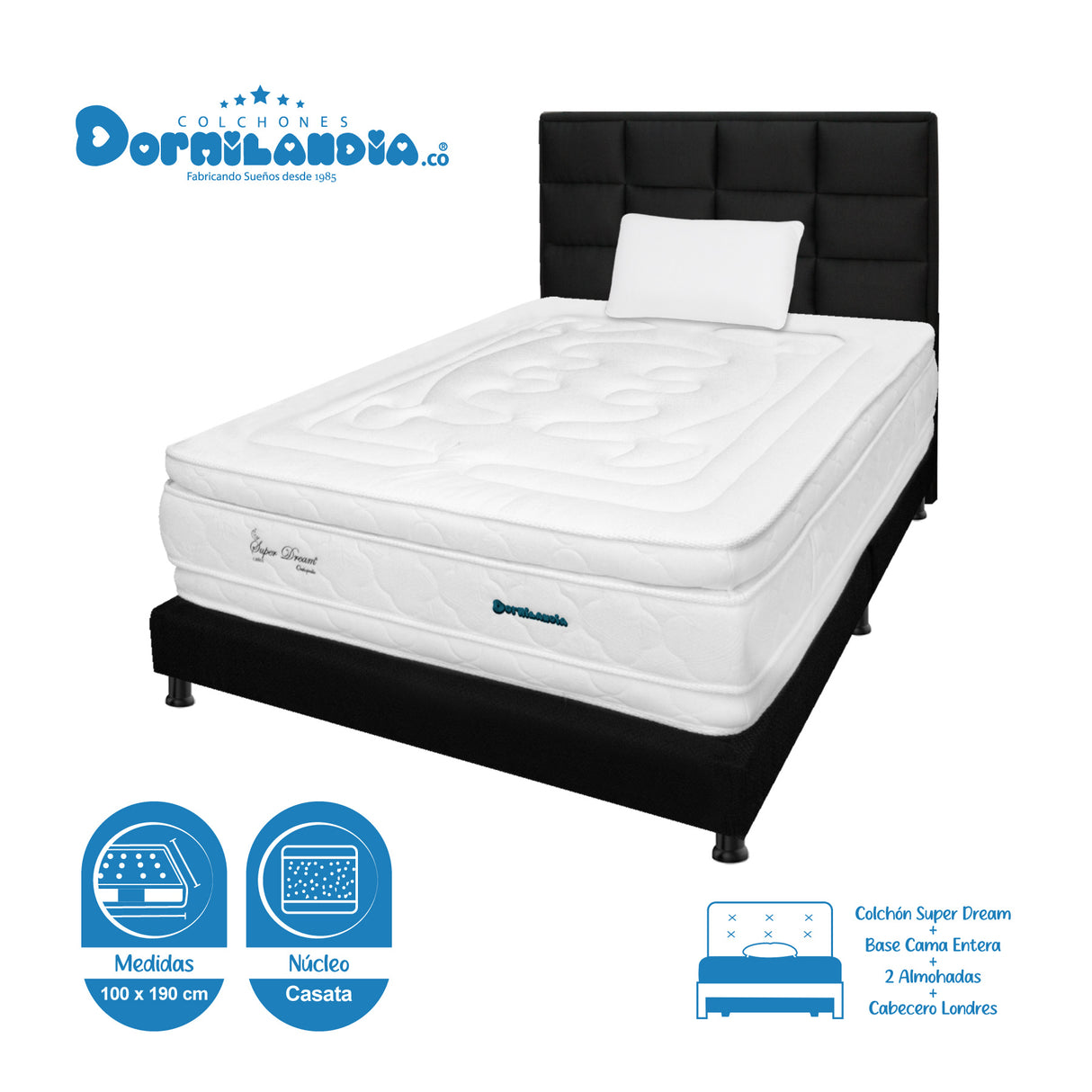 Combo Colchón Super Dream Blanco y Negro Sencillo 100 X 190 Cm Firmeza Firme Doble Faz Con Cabecero y Base Cama - COLCHONES | Bylmo