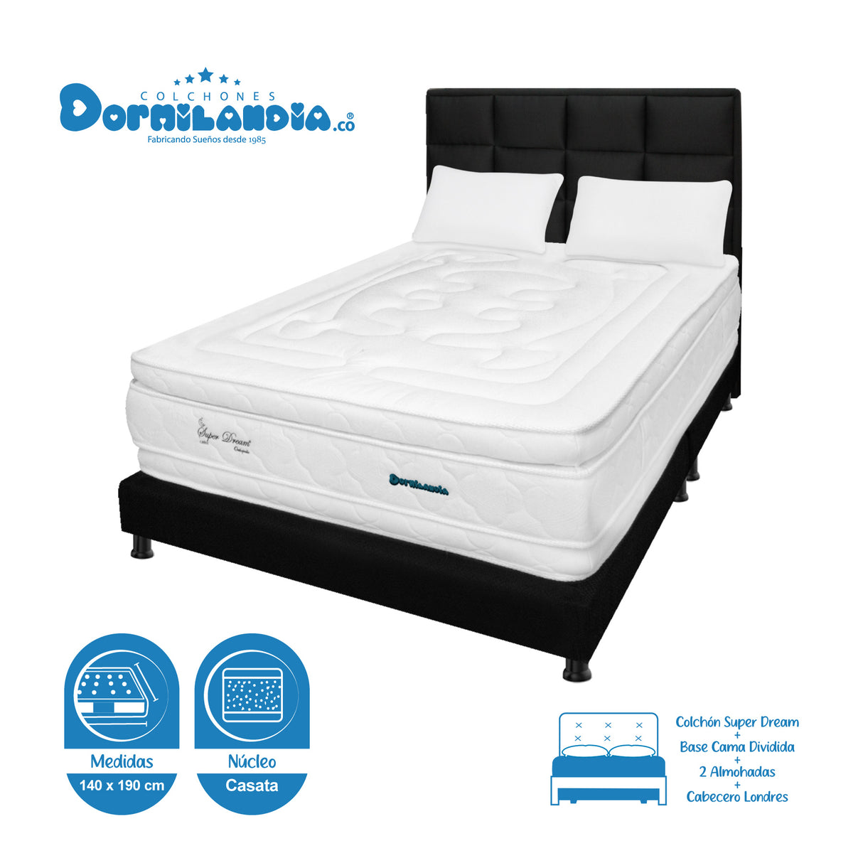 Combo Colchón Super Dream Blanco y Negro Doble 140 X 190 Cm Firmeza Firme Doble Faz Con Cabecero y Base Cama - COLCHONES | Bylmo