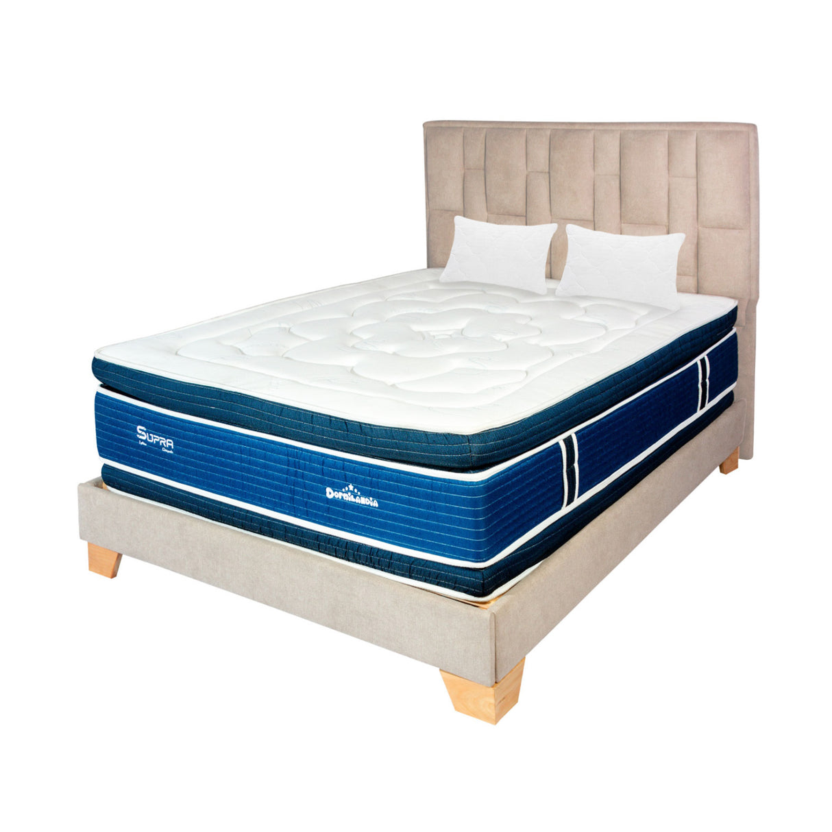 Combo Colchón Supra Azul y Arena Doble 140 X 190 Cm Firmeza Medio Doble Faz Con Cabecero y Base Cama - COLCHONES | Bylmo