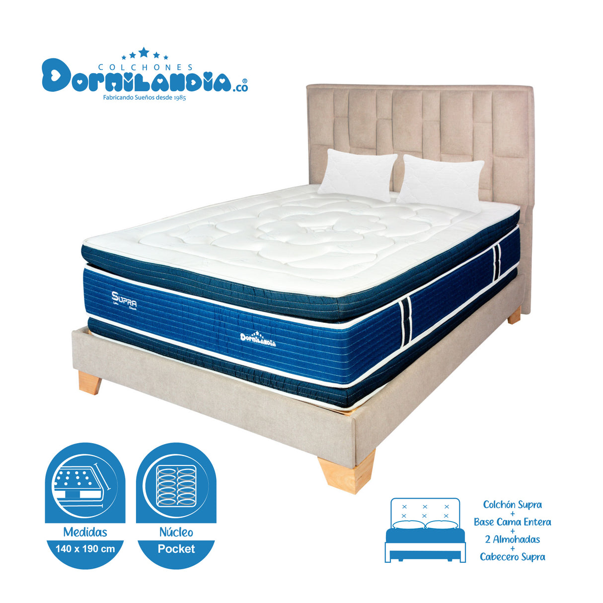 Combo Colchón Supra Azul y Arena Doble 140 X 190 Cm Firmeza Medio Doble Faz Con Cabecero y Base Cama - COLCHONES | Bylmo