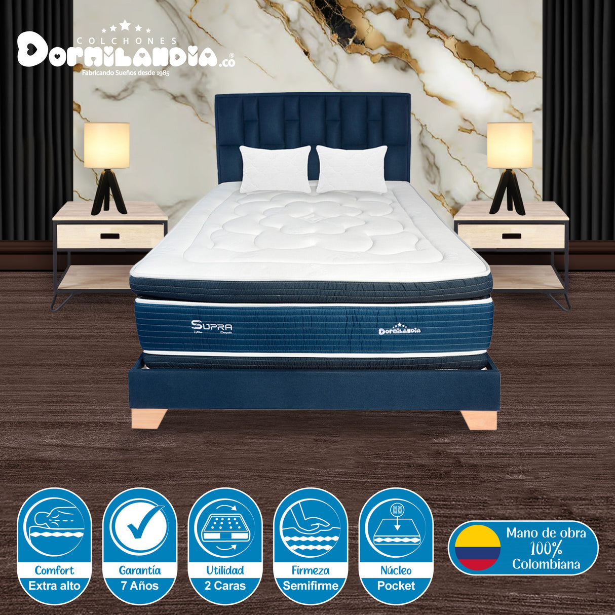 Combo Colchón Supra Azul Doble 140 X 190 Cm Firmeza Medio Doble Faz Con Cabecero y Base Cama - COLCHONES | Bylmo
