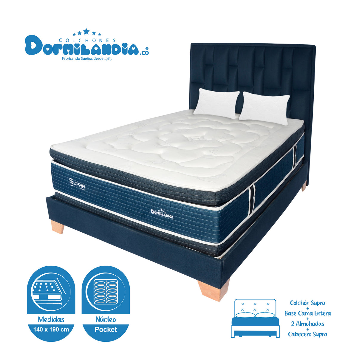 Combo Colchón Supra Azul Doble 140 X 190 Cm Firmeza Medio Doble Faz Con Cabecero y Base Cama - COLCHONES | Bylmo