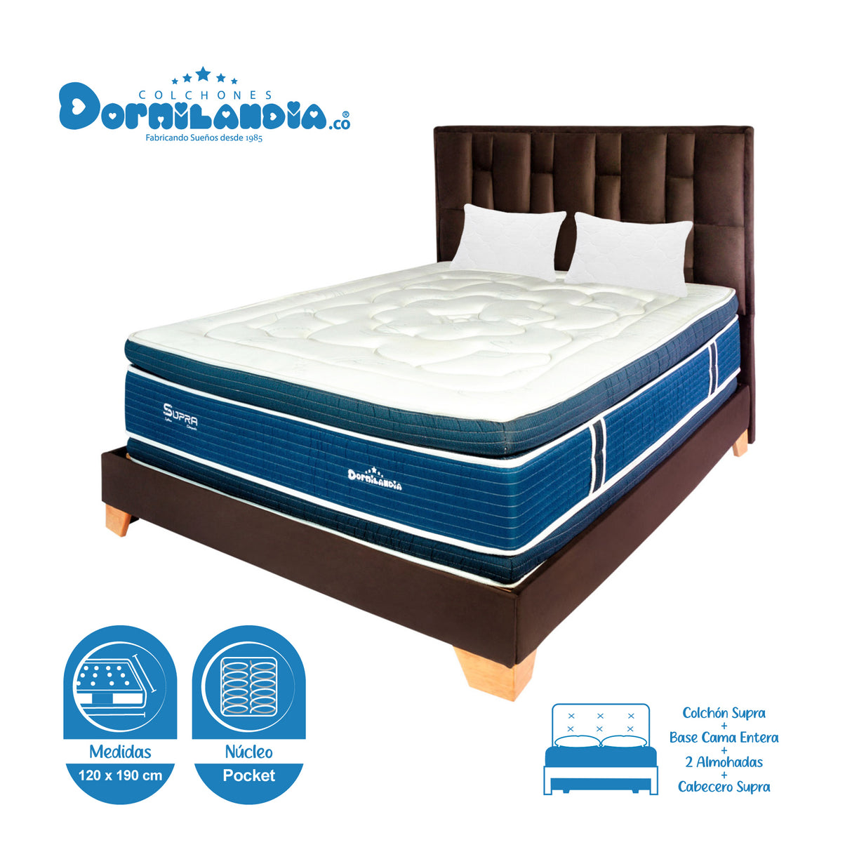 Combo Colchón Supra Azul y Cafe Semidoble 120 X 190 Cm Firmeza Medio Doble Faz Con Cabecero y Base Cama - COLCHONES | Bylmo