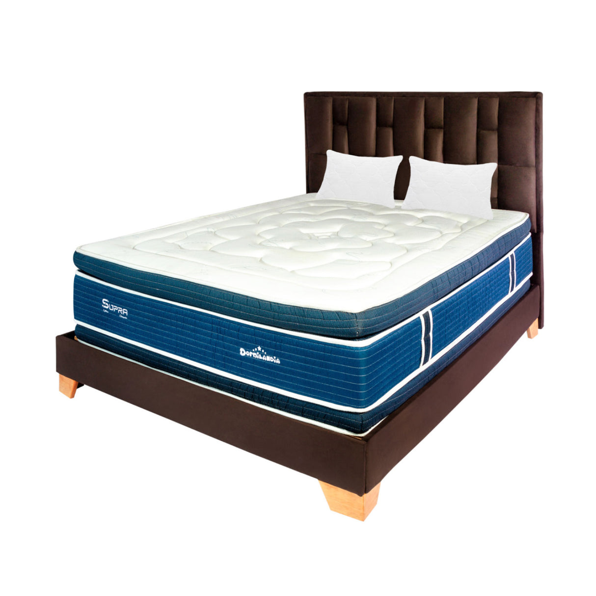 Combo Colchón Supra Azul y Cafe Queen 160 X 190 Cm Firmeza Medio Doble Faz Con Cabecero y Base Cama - COLCHONES | Bylmo