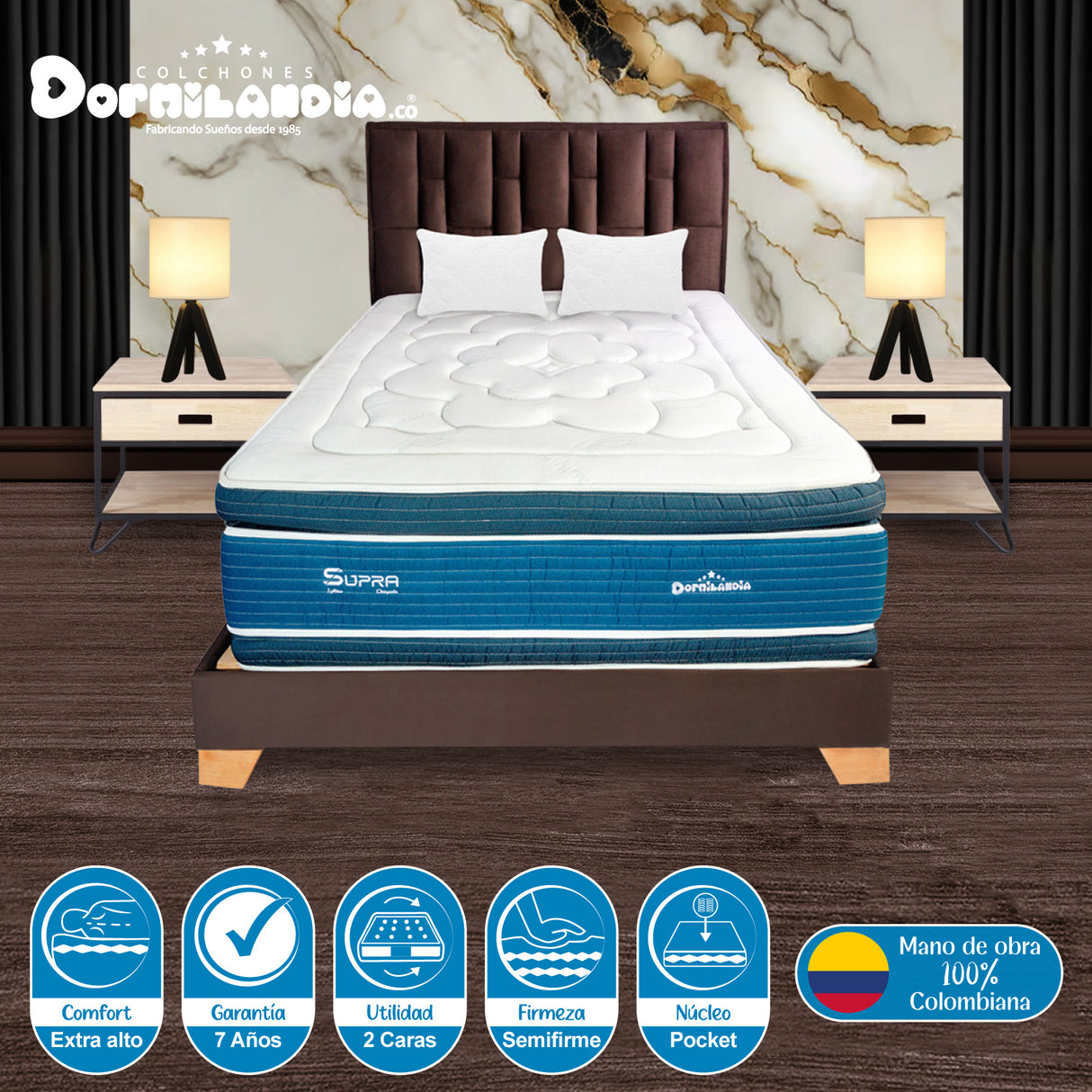 Combo Colchón Supra Azul y Cafe Queen 160 X 190 Cm Firmeza Medio Doble Faz Con Cabecero y Base Cama - COLCHONES | Bylmo
