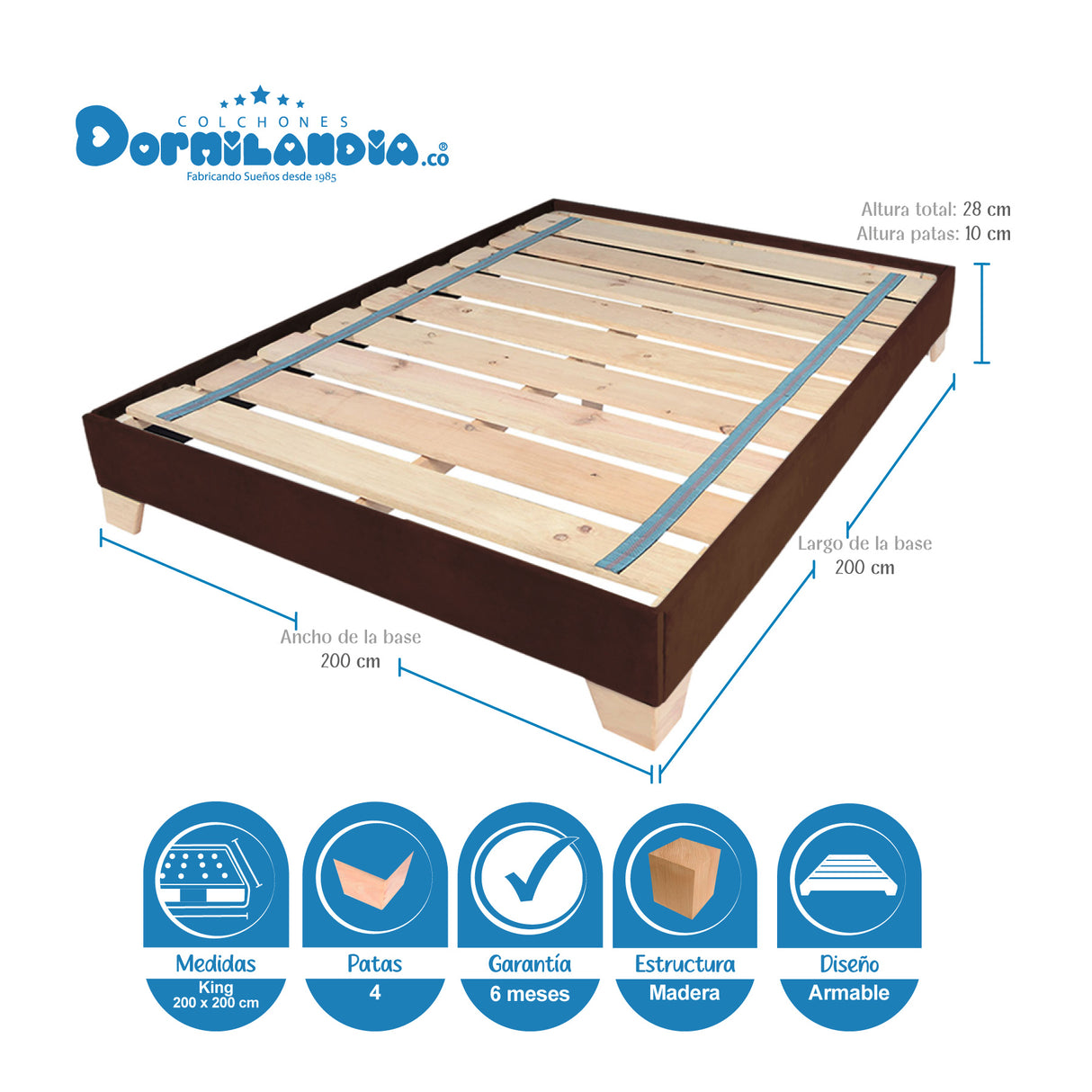 Combo Colchón Supra Azul y Cafe King 200 X 200 Cm Firmeza Medio Doble Faz Con Cabecero y Base Cama - COLCHONES | Bylmo