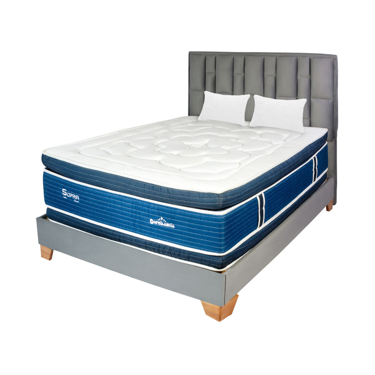 Combo Colchón Supra Azul y Gris Queen 160 X 190 Cm Firmeza Medio Doble Faz Con Cabecero y Base Cama - COLCHONES | Bylmo