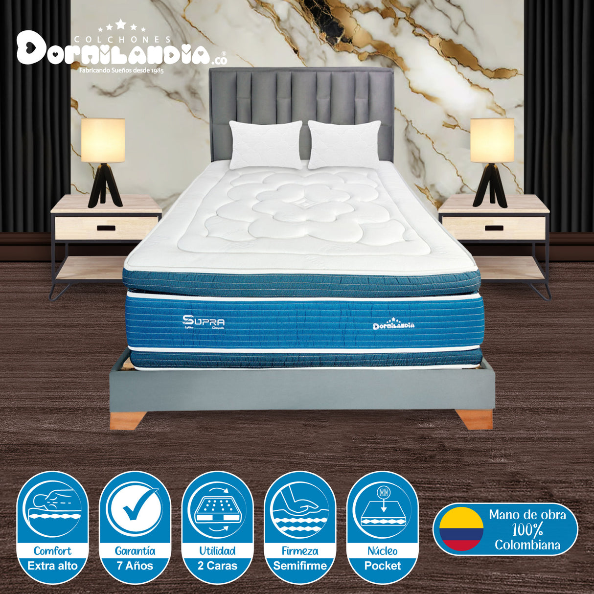 Combo Colchón Supra Azul y Gris Queen 160 X 190 Cm Firmeza Medio Doble Faz Con Cabecero y Base Cama - COLCHONES | Bylmo
