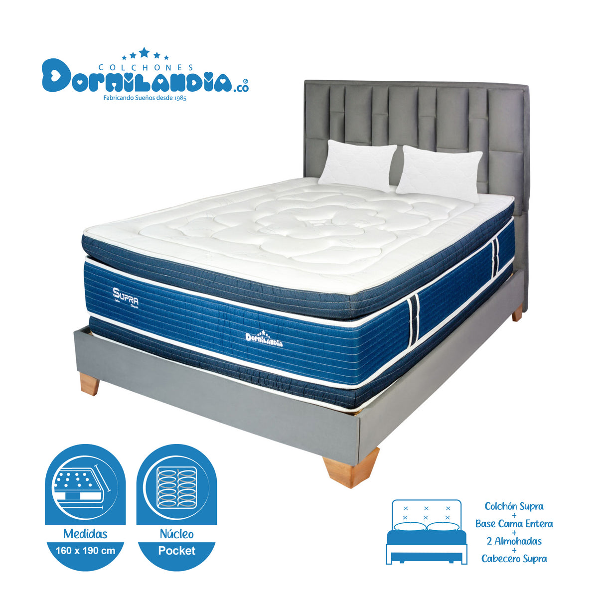Combo Colchón Supra Azul y Gris Queen 160 X 190 Cm Firmeza Medio Doble Faz Con Cabecero y Base Cama - COLCHONES | Bylmo