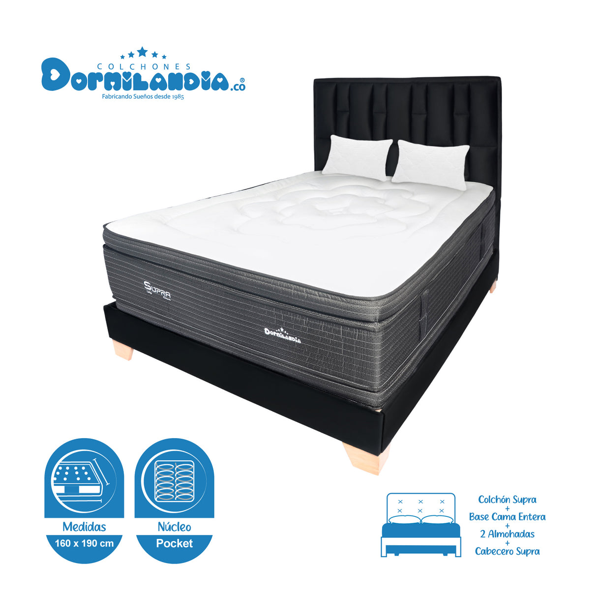 Combo Colchón Supra Negro Queen 160 X 190 Cm Firmeza Medio Doble Faz Con Cabecero y Base Cama - COLCHONES | Bylmo