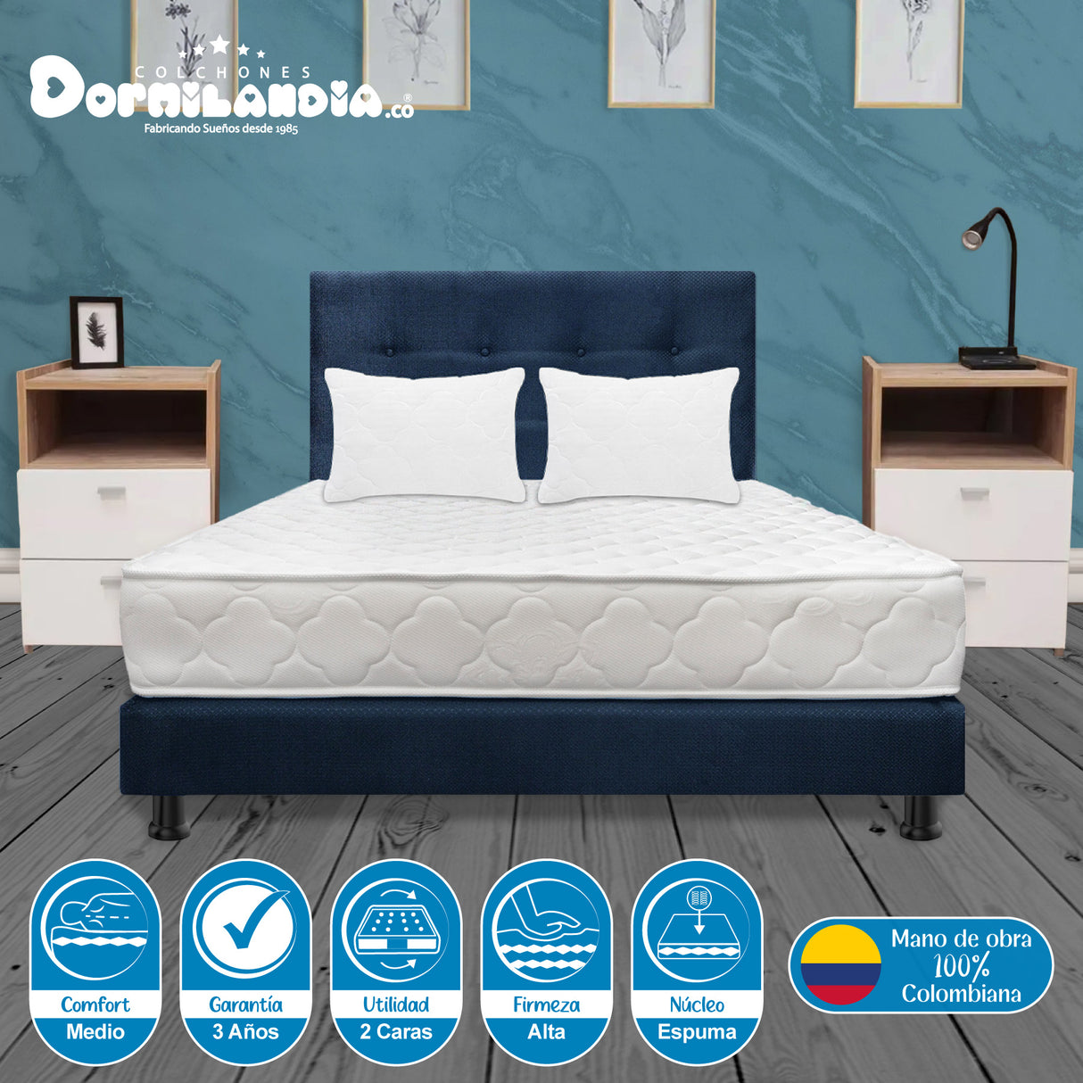 Combo Colchón Ultraflex Blanco y Azul Semidoble 120 X 190 Cm Firmeza Firme Doble Faz Con Cabecero y Base Cama - COLCHONES | Bylmo