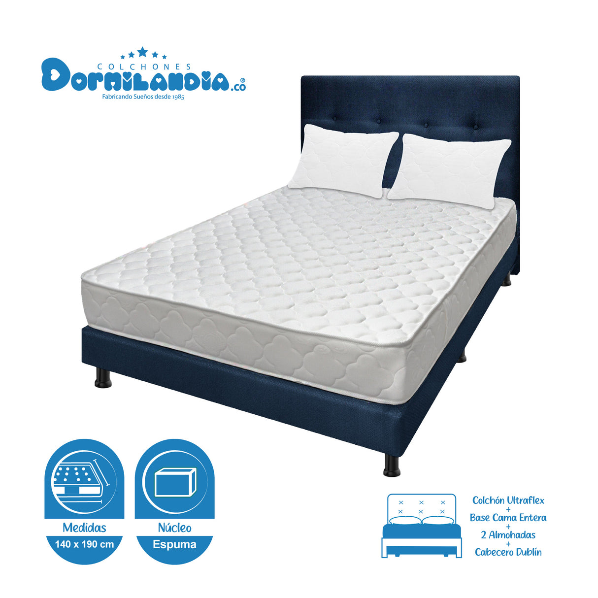 Combo Colchón Ultraflex Blanco y Azul Doble 140 X 190 Cm Firmeza Firme Doble Faz Con Cabecero y Base Cama - COLCHONES | Bylmo