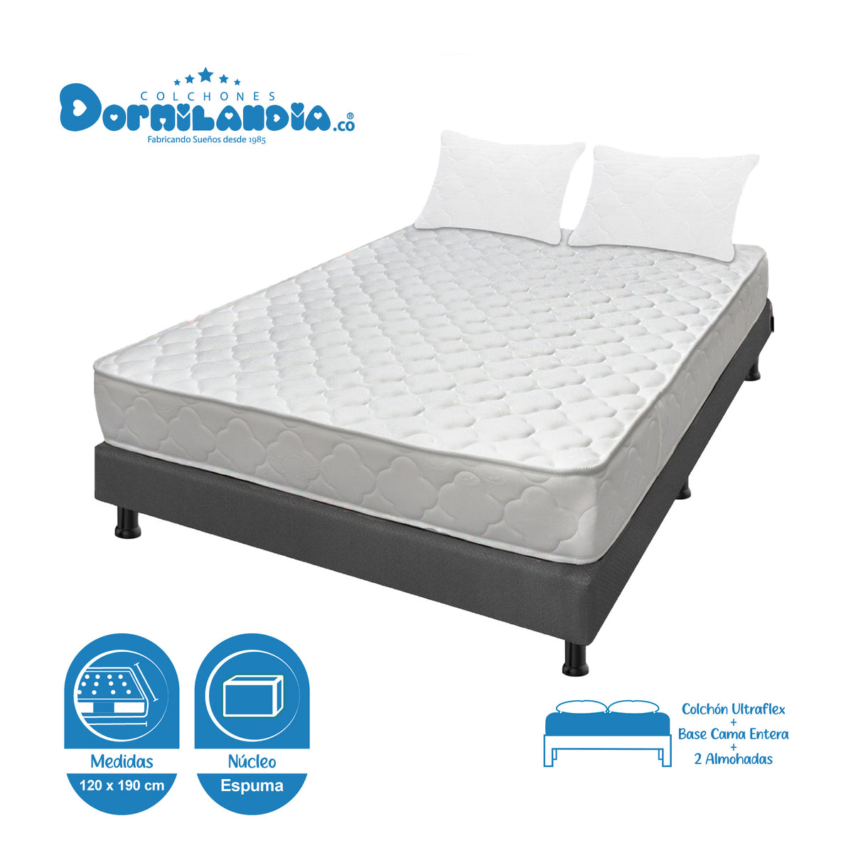Combo Colchón Ultraflex Blanco y Gris Semidoble 120 X 190 Cm Firmeza Firme Doble Faz Con Cabecero y Base Cama - COLCHONES | Bylmo