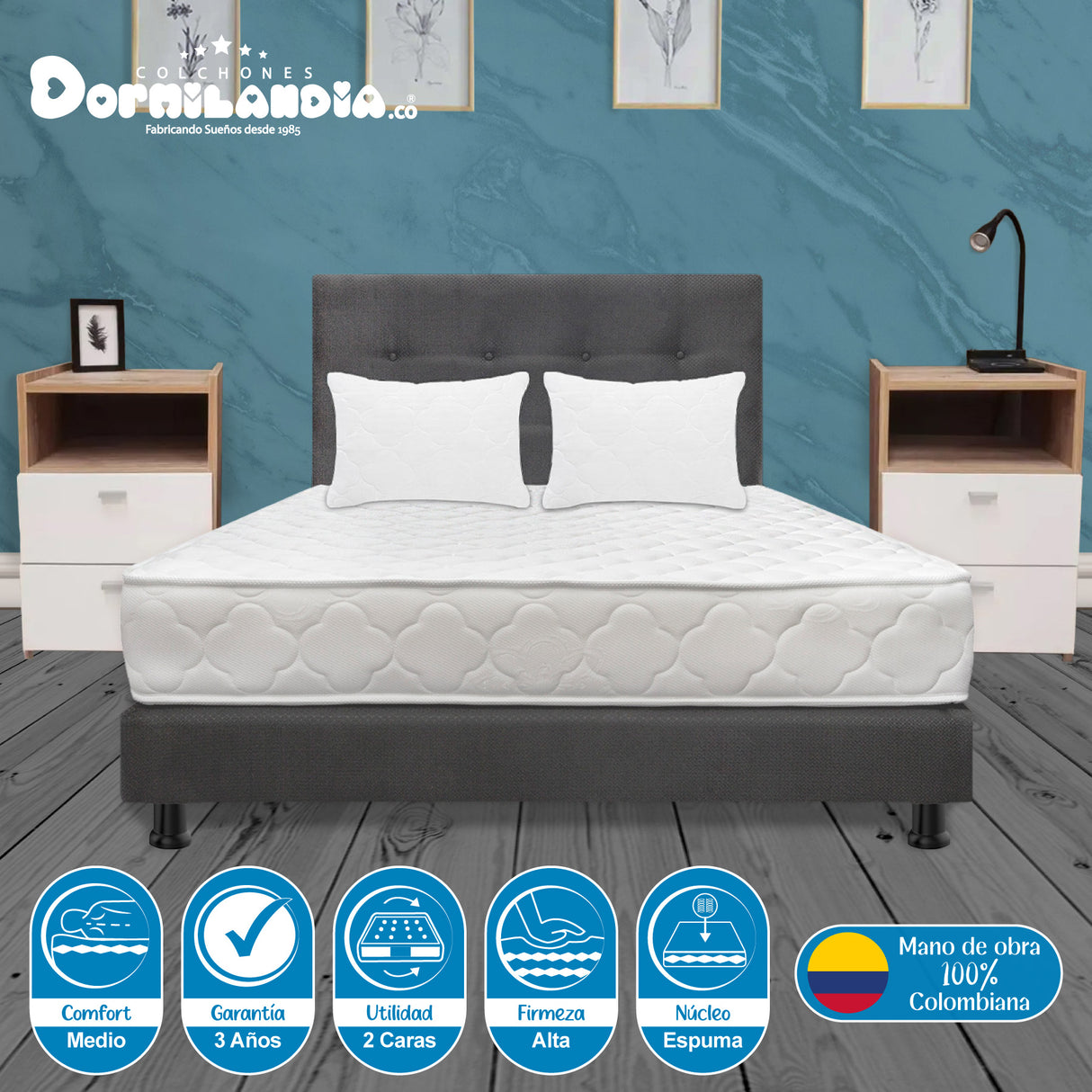 Combo Colchón Ultraflex Blanco y Gris Queen 160 X 190 Cm Firmeza Firme Doble Faz Con Cabecero y Base Cama - COLCHONES | Bylmo