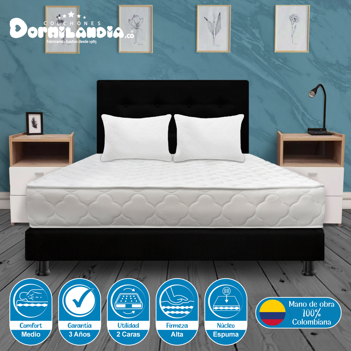 Combo Colchón Ultraflex Blanco y Negro Queen 160 X 190 Cm Firmeza Firme Doble Faz Con Cabecero y Base Cama - COLCHONES | Bylmo