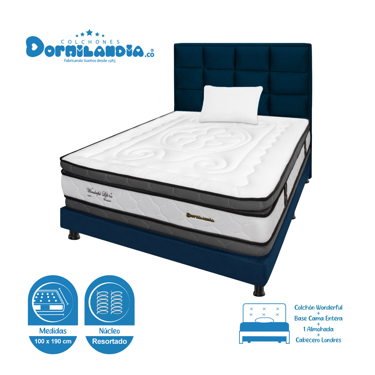 Combo Colchón Wonderful Blanco y Azul Sencillo 100 X 190 Cm Firmeza Medio Doble Faz Con Cabecero y Base Cama - COLCHONES | Bylmo