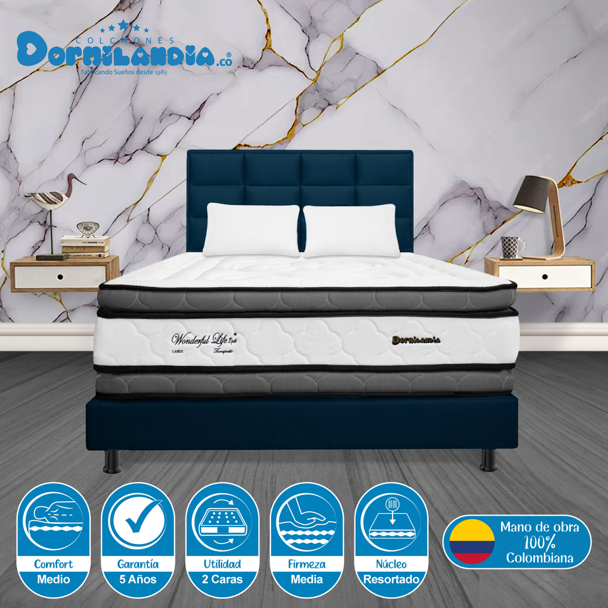 Combo Colchón Wonderful Blanco y Azul Doble 140 X 190 Cm Firmeza Medio Doble Faz Con Cabecero y Base Cama - COLCHONES | Bylmo