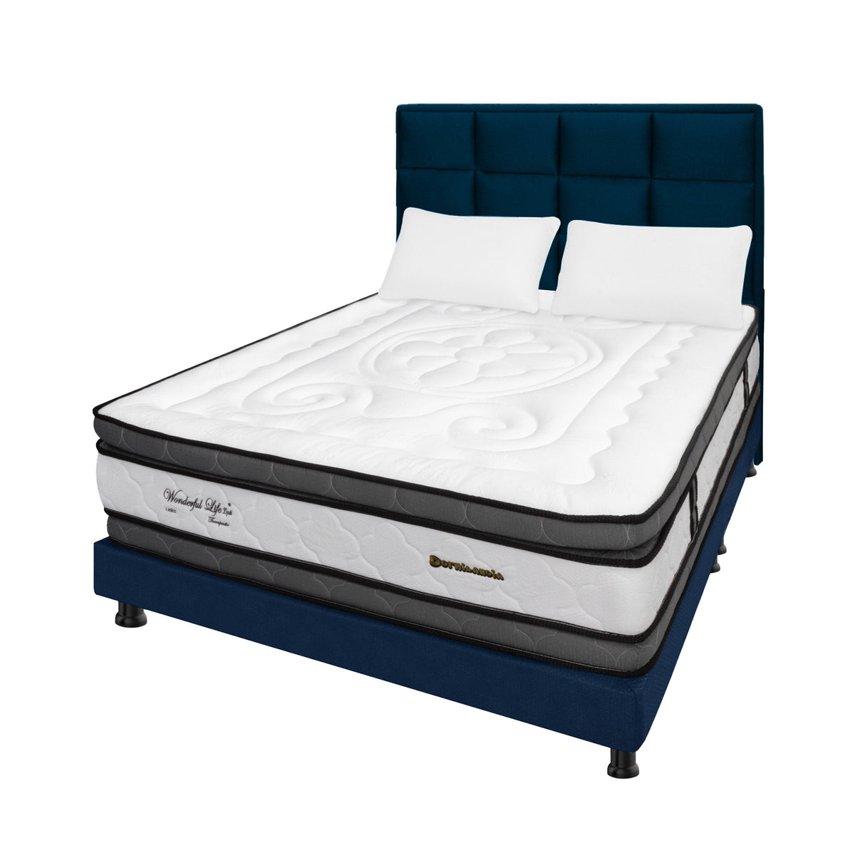 Combo Colchón Wonderful Blanco y Azul King 200 X 200 Cm Firmeza Medio Doble Faz Con Cabecero y Base Cama - COLCHONES | Bylmo