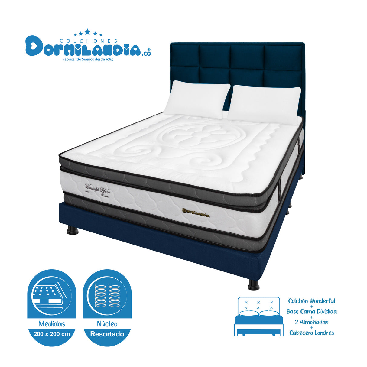 Combo Colchón Wonderful Blanco y Azul King 200 X 200 Cm Firmeza Medio Doble Faz Con Cabecero y Base Cama - COLCHONES | Bylmo