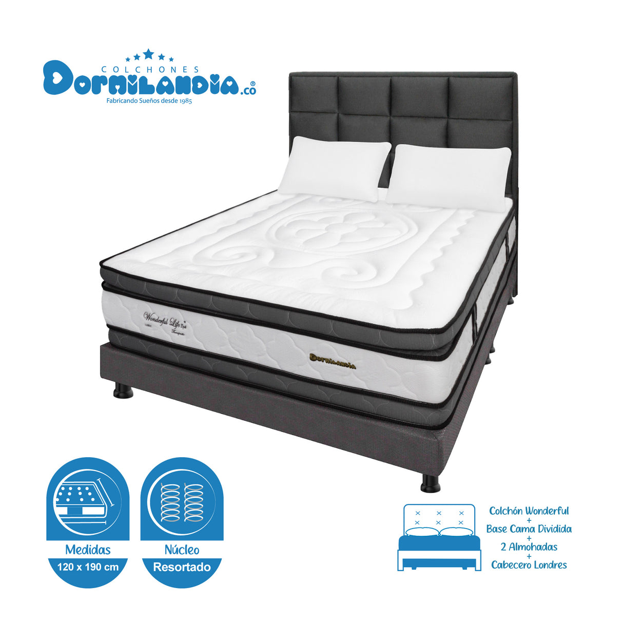 Combo Colchón Wonderful Blanco y Gris Semidoble 120 X 190 Cm Firmeza Medio Doble Faz Con Cabecero y Base Cama - COLCHONES | Bylmo