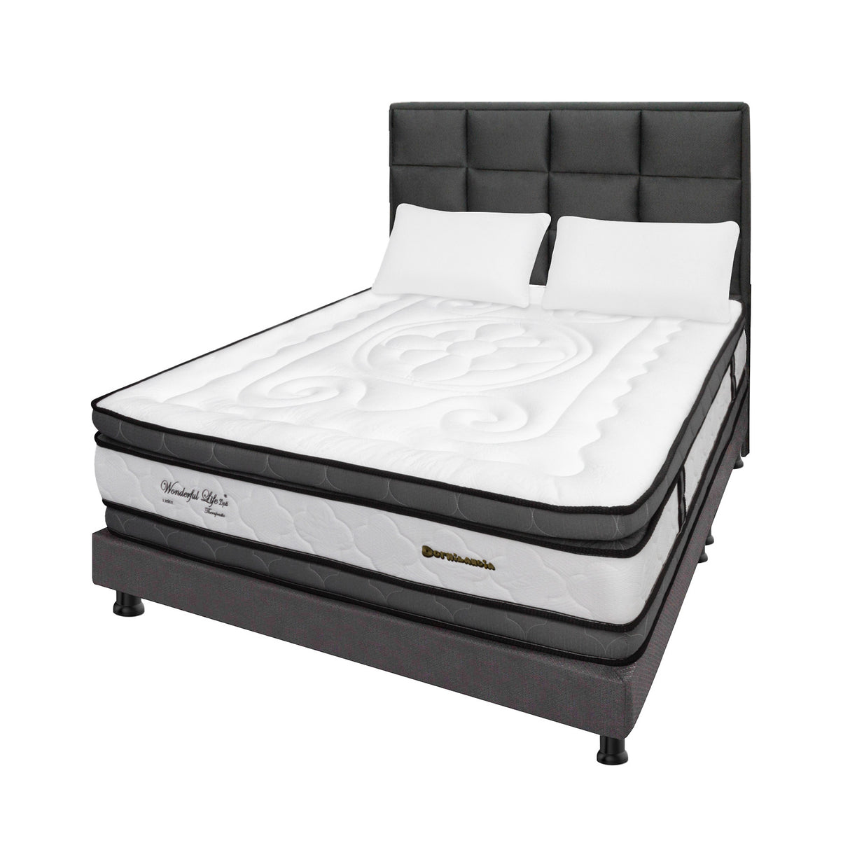 Combo Colchón Wonderful Blanco y Gris Queen 160 X 190 Cm Firmeza Medio Doble Faz Con Cabecero y Base Cama - COLCHONES | Bylmo