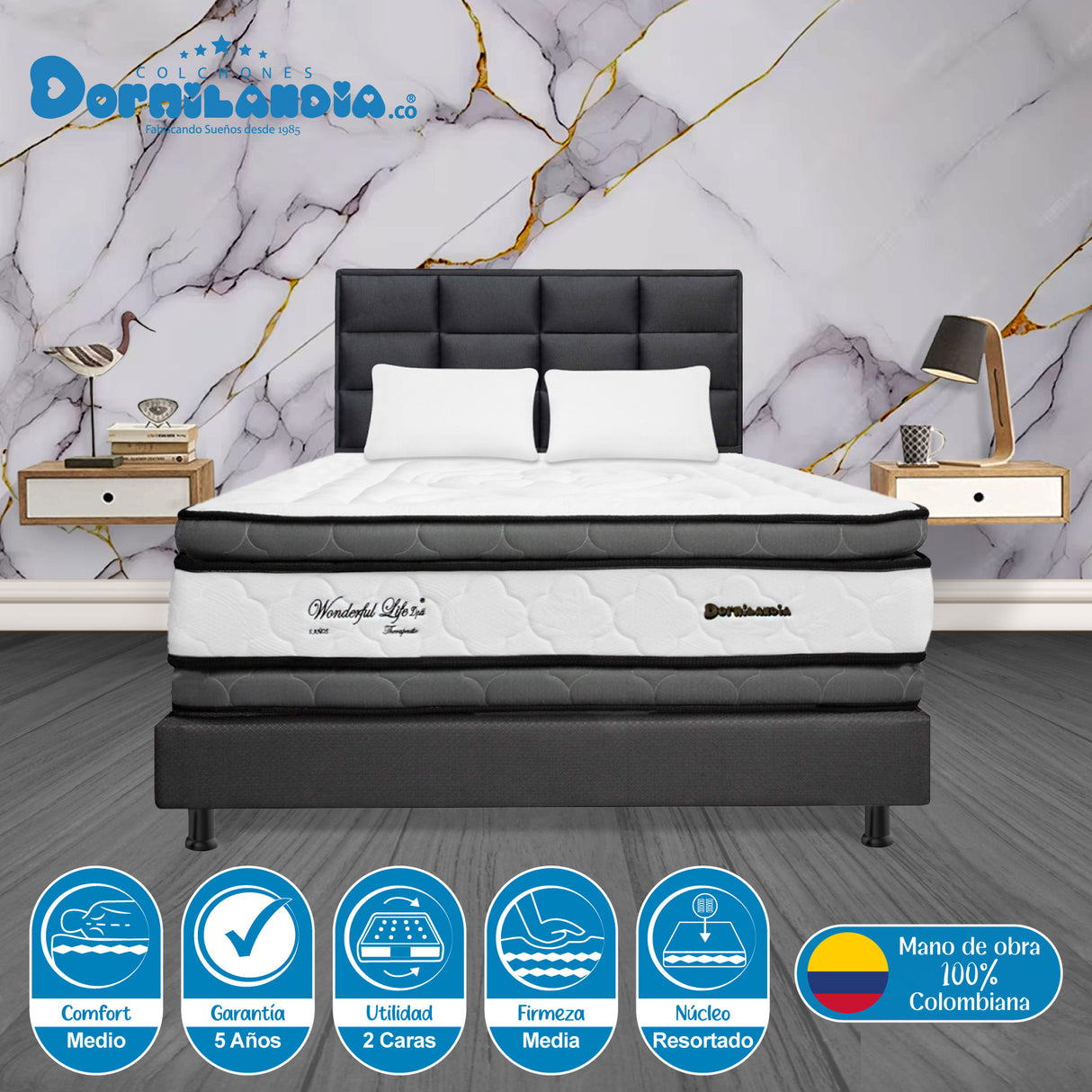 Combo Colchón Wonderful Blanco y Gris Queen 160 X 190 Cm Firmeza Medio Doble Faz Con Cabecero y Base Cama - COLCHONES | Bylmo