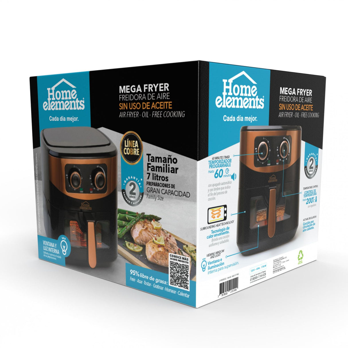 Freidora de Aire Negro y Cobre 37x32cm De 7 Litros Con Dos Funciones Preconfiguradas - FREIDORAS DE AIRE | Bylmo