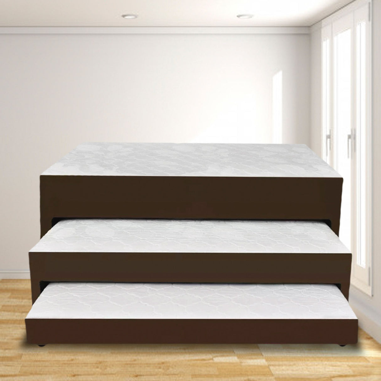 Cama Nido Dividida Cafe 100x68Cm Para Cochón Sencillo 100 X 190 Cm De Tres Niveles con Colchón Superior Incorporado - CAMAS | Bylmo