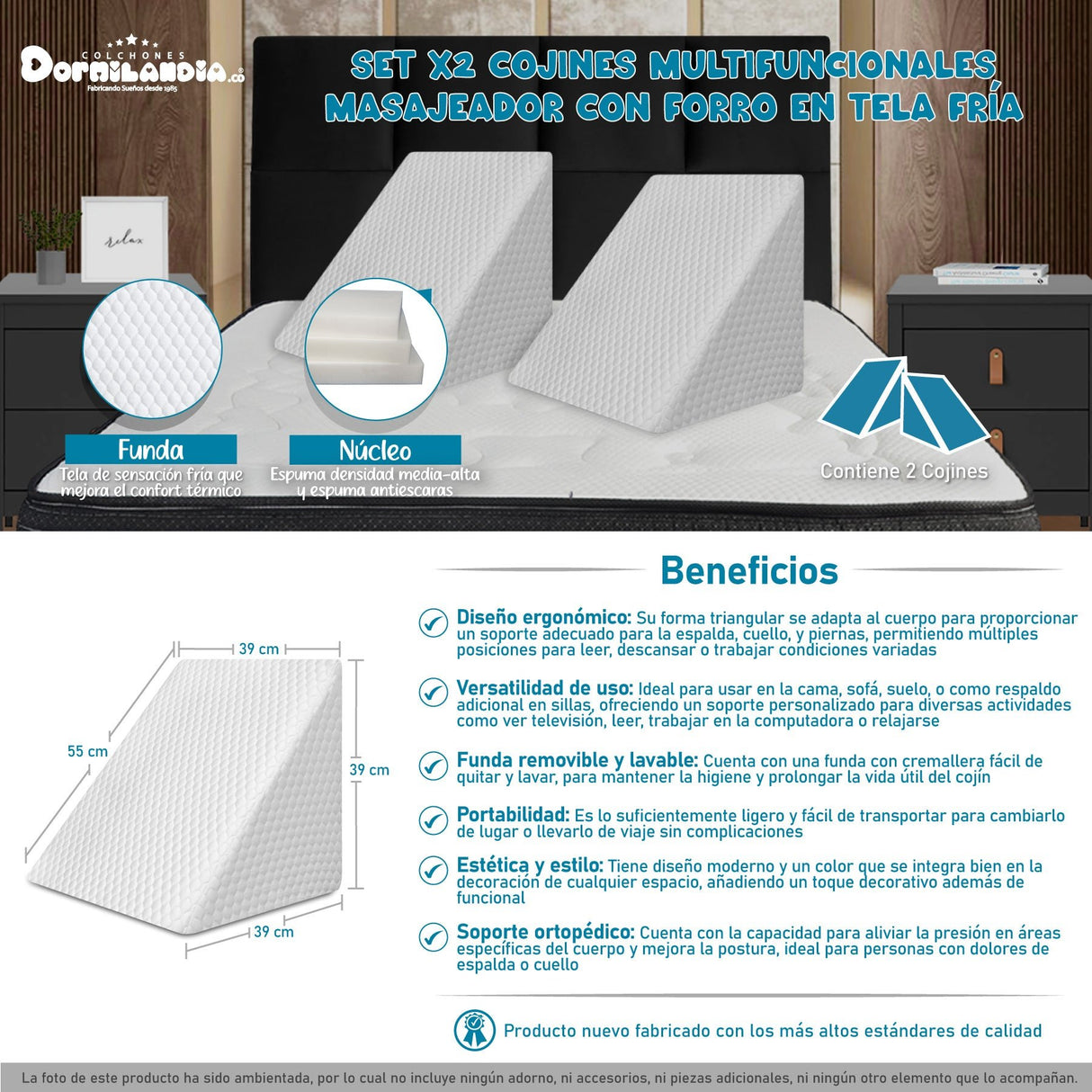 Set X 2 Cojines Multifuncionales de Tela Fría Blanco Triangular Hipoalergénico - COJINES | Bylmo