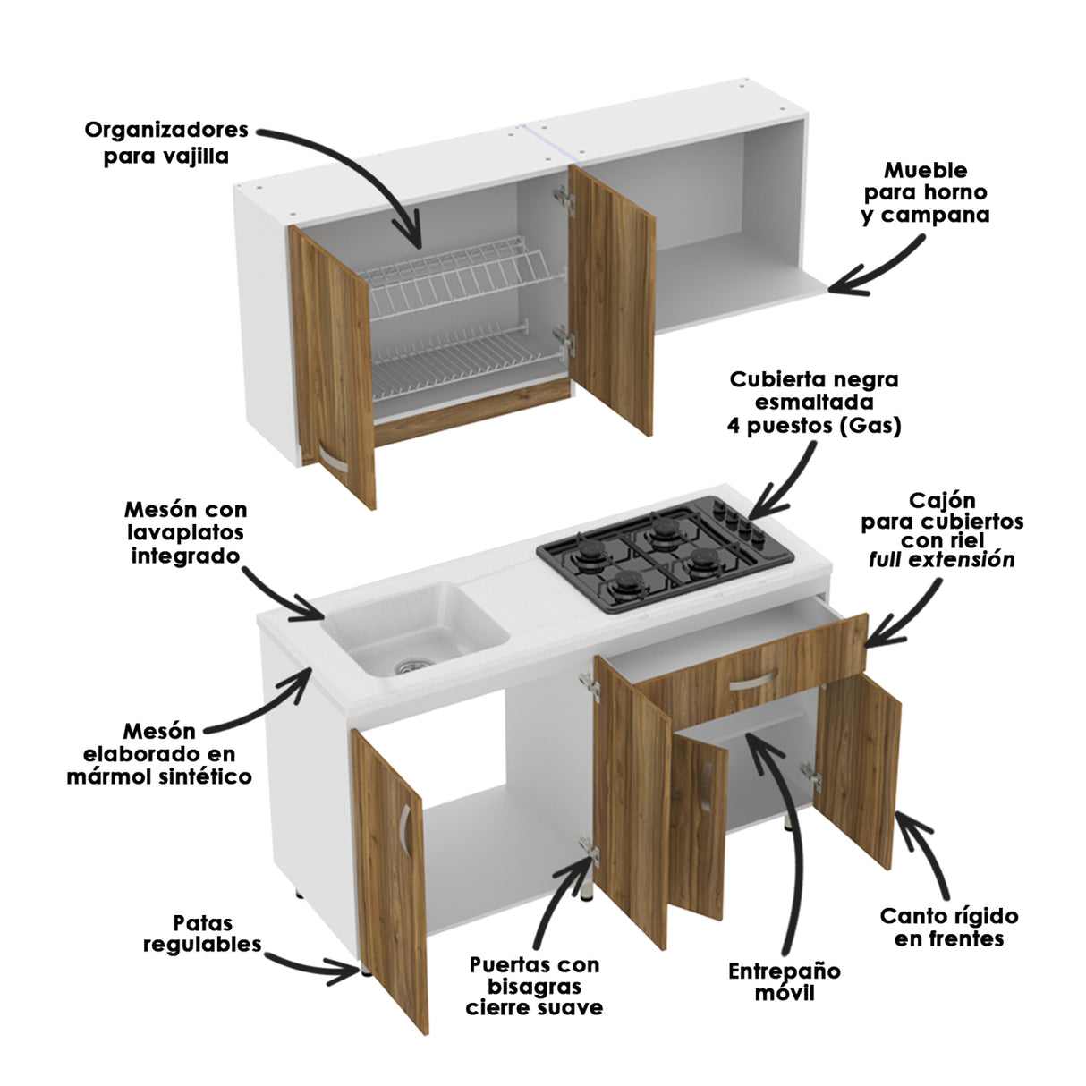 Cocina Ambar Blanco y Gracia 150x212cm Con Meson de Marmol Sintético y Estufa Esmaltada - COCINAS | Bylmo