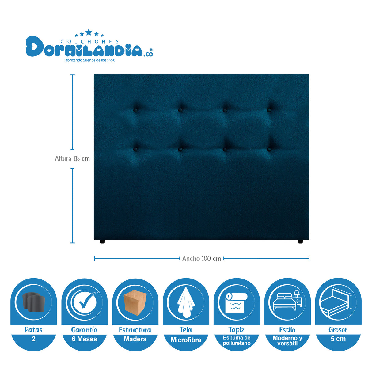 Cabecero Dublín Azul 100x115cm con Acabado Liso para Cama Sencilla - CABECEROS | Bylmo