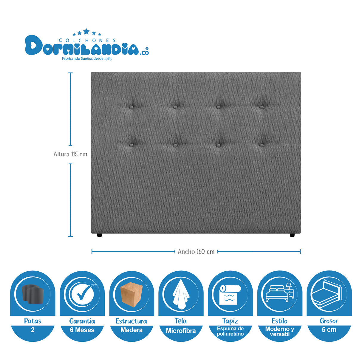 Cabecero Dublín Gris 160x115cm con Acabado Liso para Cama Queen - CABECEROS | Bylmo