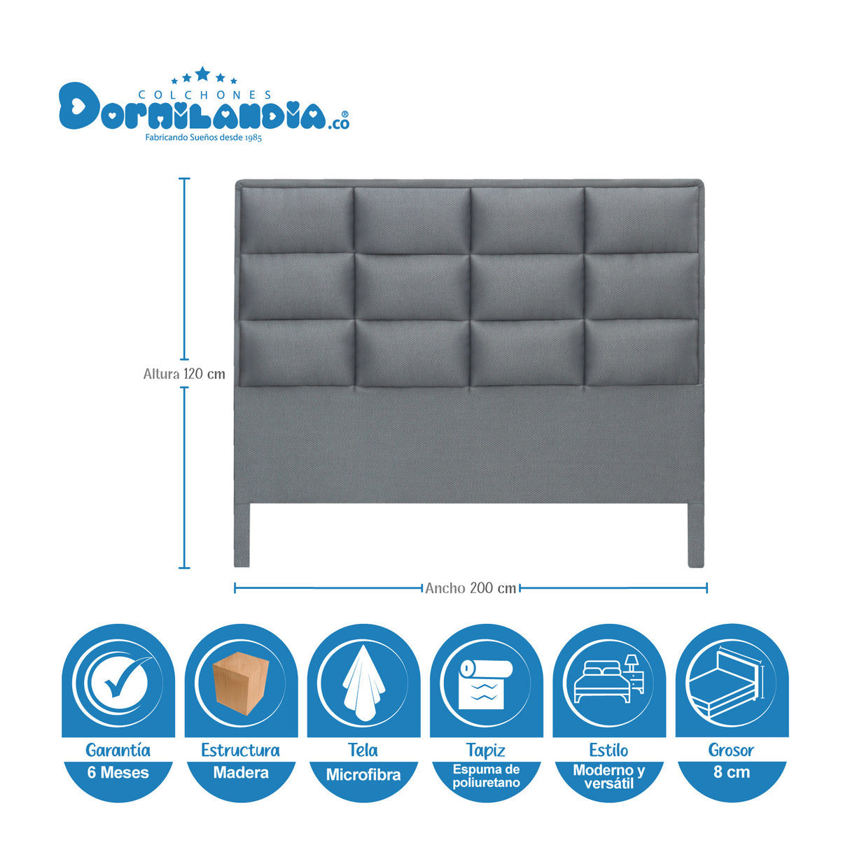 Cabecero Londres Gris 200x120cm con Acabado Abullonado para Cama King - CABECEROS | Bylmo