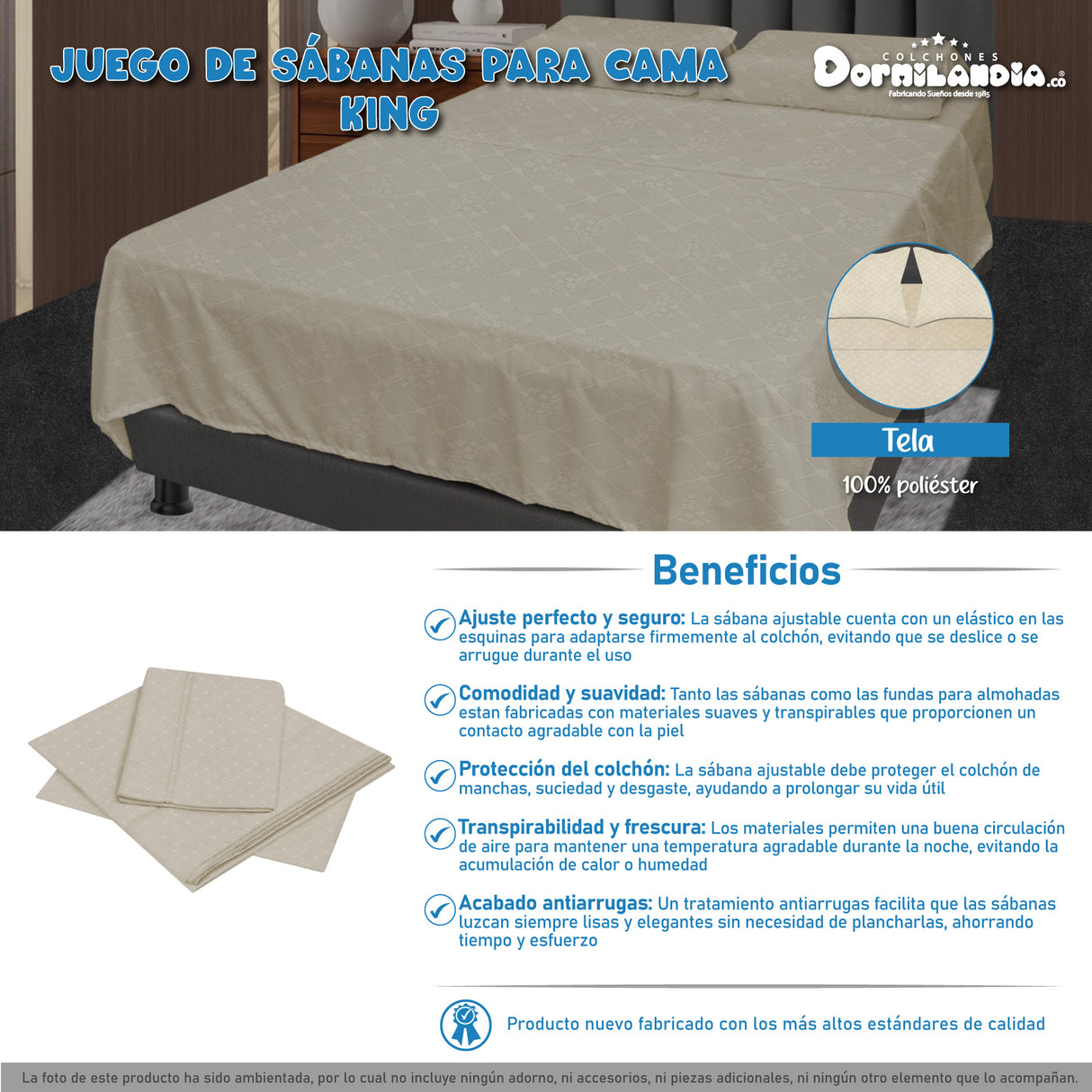 Juego de Sabanas Beige para Cama King 200 X 200 Cm Hipoelergénicas y Antiácaros - SABANAS | Bylmo