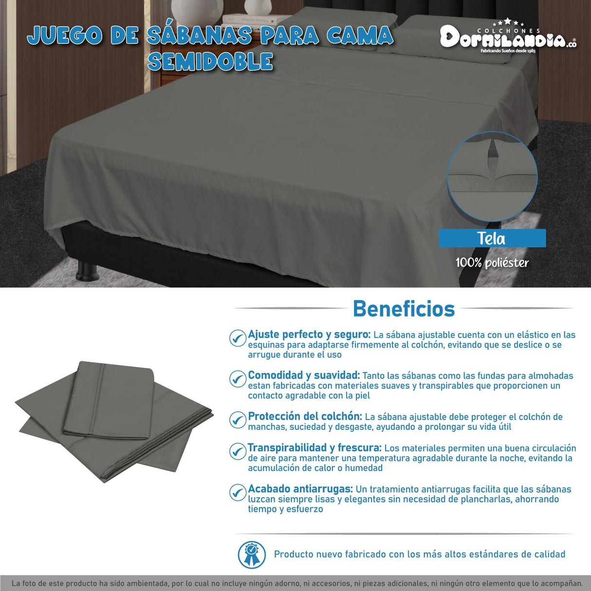 Juego de Sabanas Gris para Cama Semidoble 120 X 190 Cm Hipoelergénicas y Antiácaros - SABANAS | Bylmo