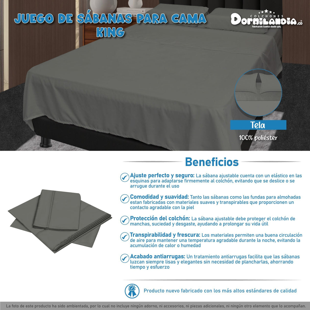 Juego de Sabanas Gris para Cama King 200 X 200 Cm Hipoelergénicas y Antiácaros - SABANAS | Bylmo