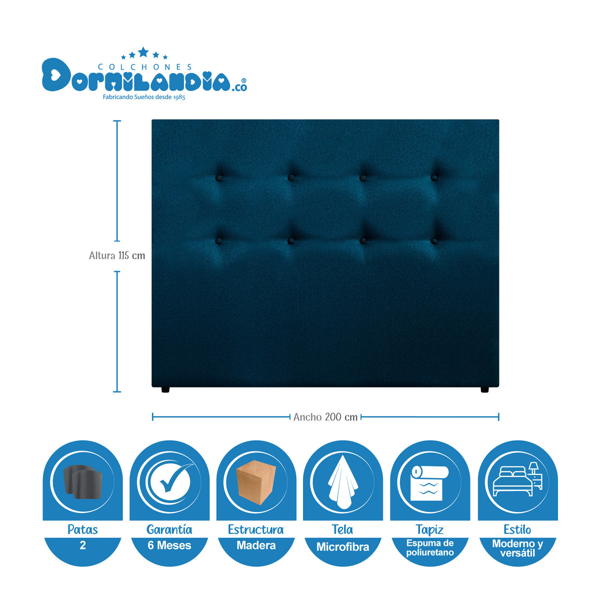 Combo Base Cama Dividida y Cabecero Dublín Azul 200x200cm Con Patas - CAMAS | Bylmo