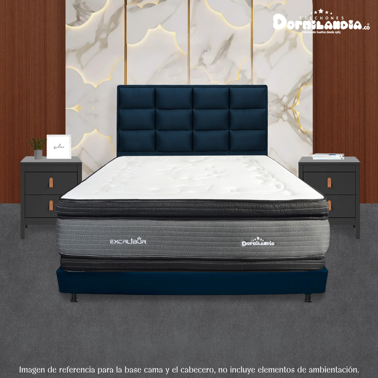 Combo Base Cama Dividida y Cabecero Londres Azul 200x200cm Con Patas - CAMAS | Bylmo