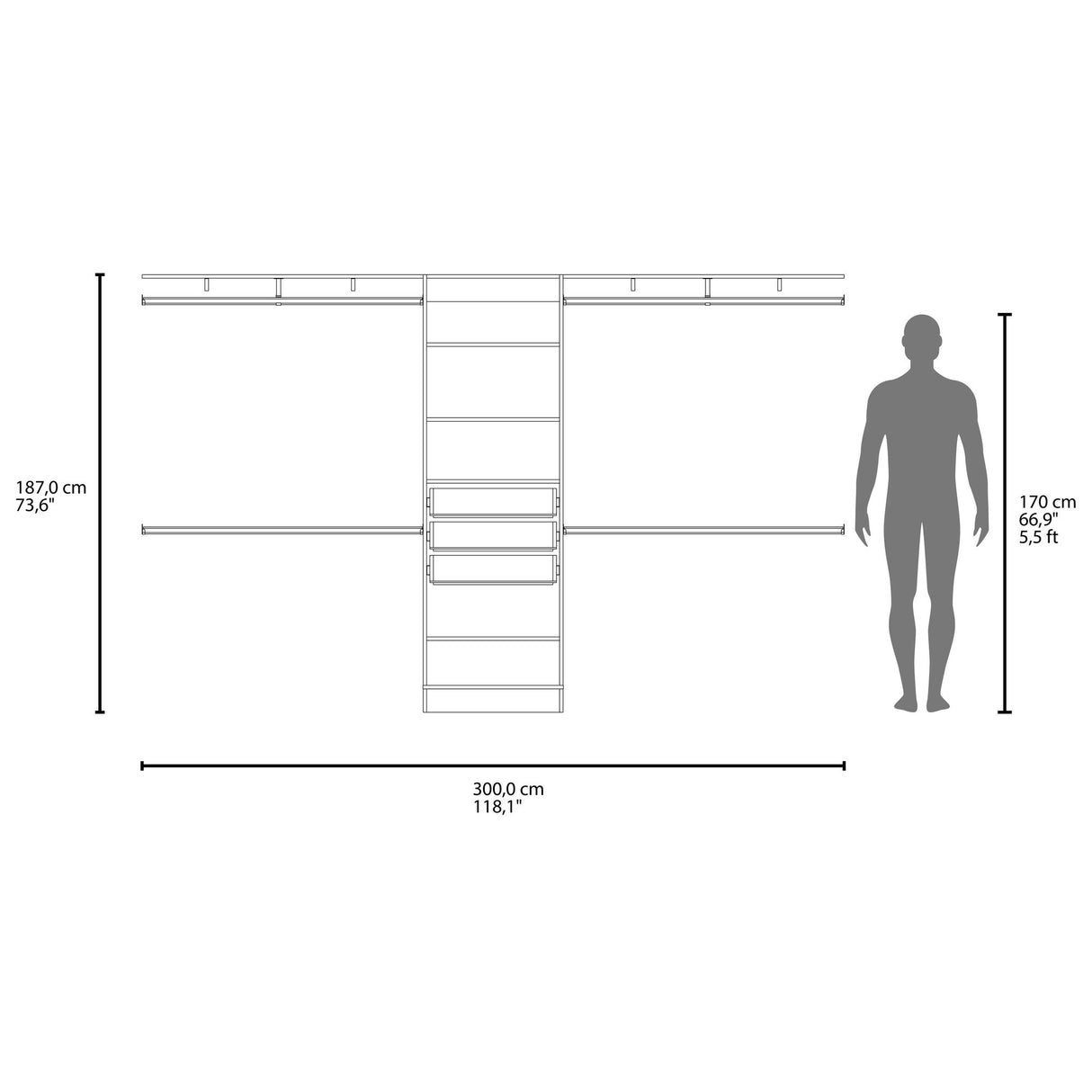 Closet Plego Wengue 300x187.7cm Con Tres Cajones y Sin Puertas - CLOSETS | Bylmo