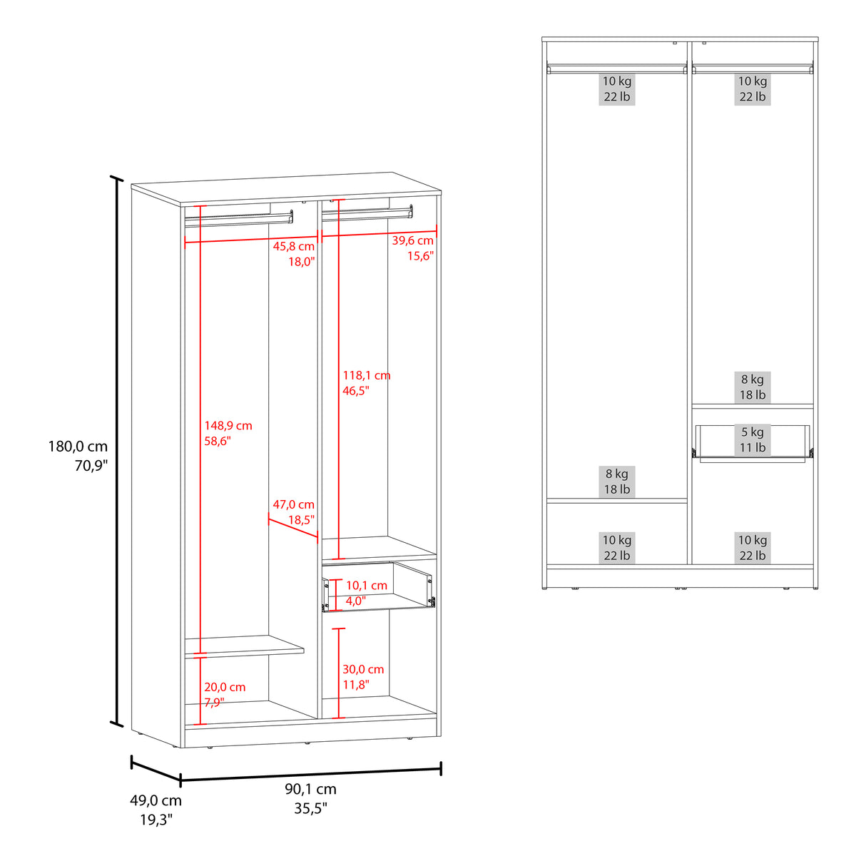 Closet Alder Plomo y Fresno Europeo 90.1x180cm Con Un Cajón y Dos Puertas - CLOSETS | Bylmo