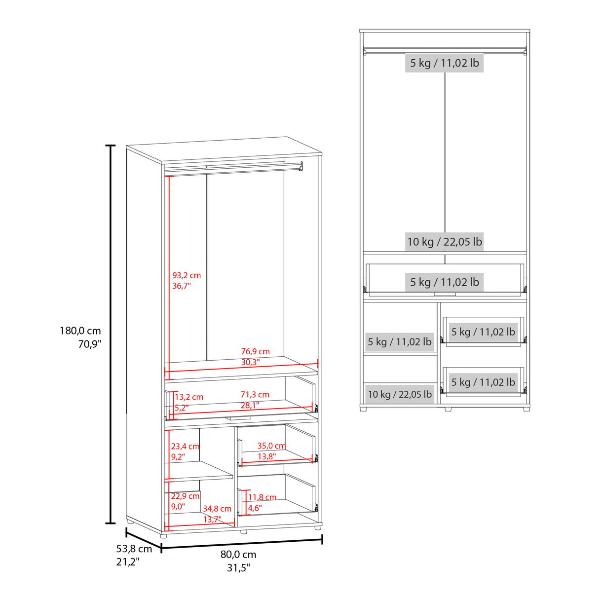 Closet Alpine Wengue 80.2x179.6cm Con Tres Cajones y Dos Puertas - CLOSETS | Bylmo