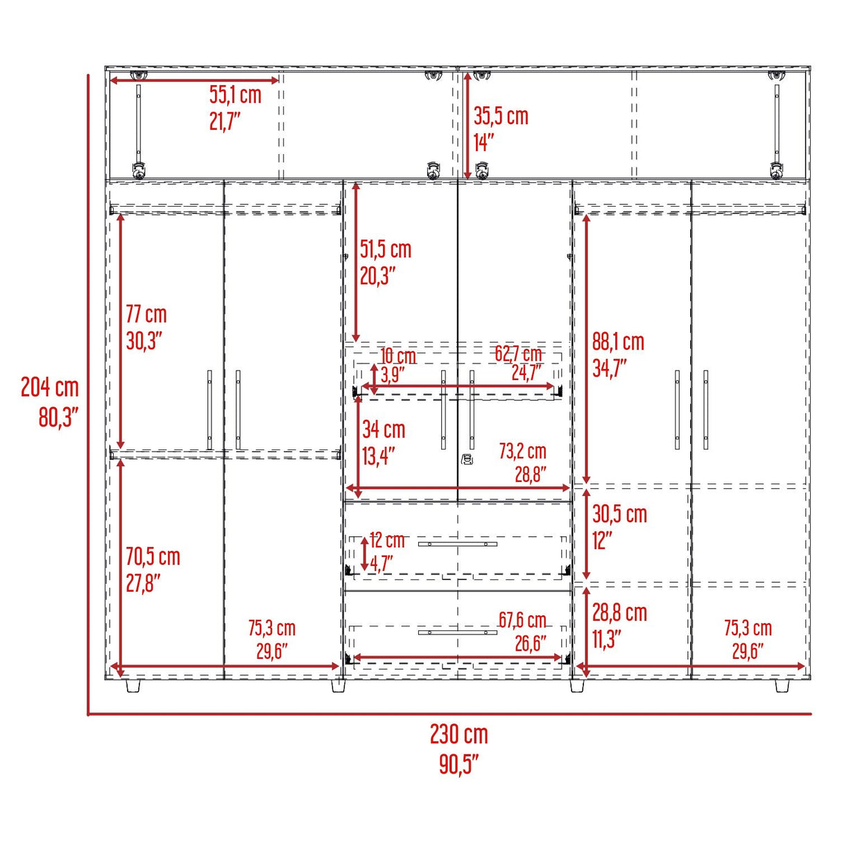 Closet Bigaf Milan y Wengue 230x204cm Con Tres Cajones y Ocho Puertas - CLOSETS | Bylmo