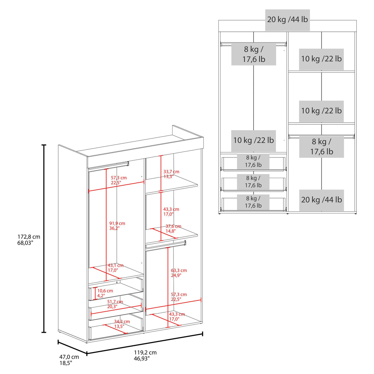 Closet Denver Blanco 119.2x172.8cm Con Tres Cajones y Cuatro Puertas - CLOSETS | Bylmo