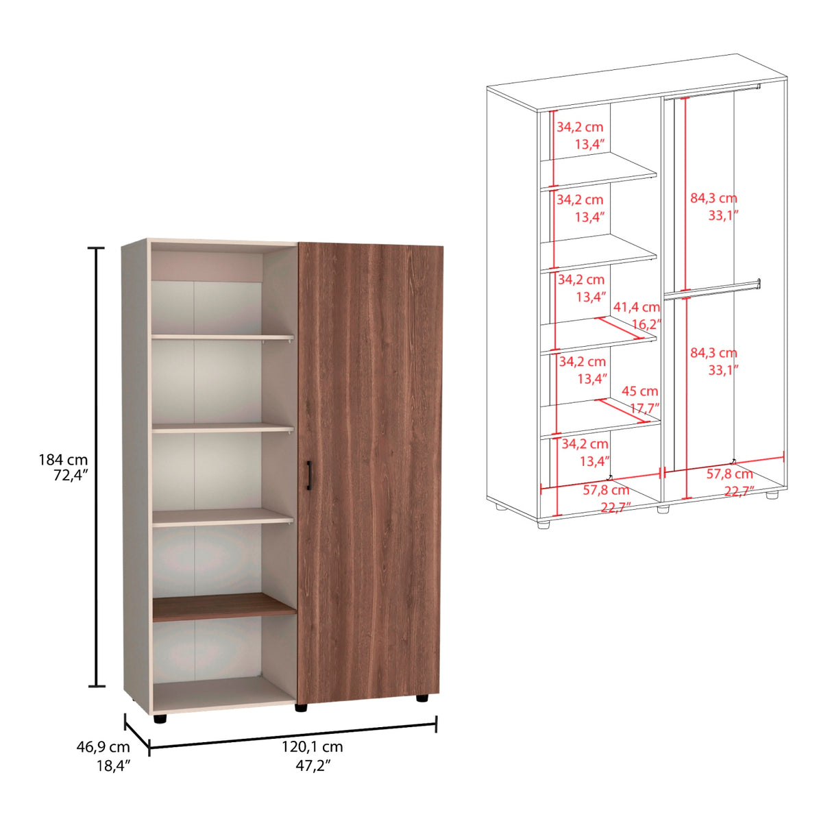 Closet Eco Capri y Milan 120.1x184cm Sin Cajones y Una Puerta - CLOSETS | Bylmo