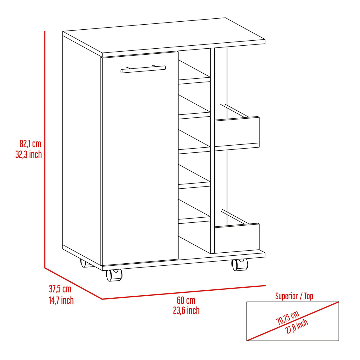 Bar Carro Cart Ceniza 60x82.1cm Con Seis Portabotellas - BARES | Bylmo