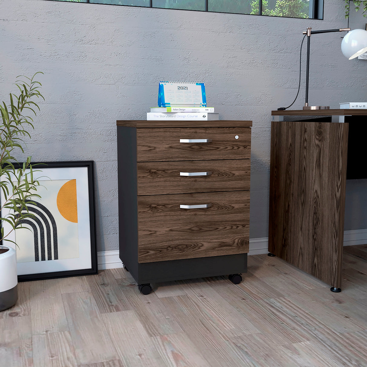 Archivador Home Office Coñac y Wengue 49.1x71.6cm Con Ruedas y Tres Cajones - ARCHIVADORES | Bylmo