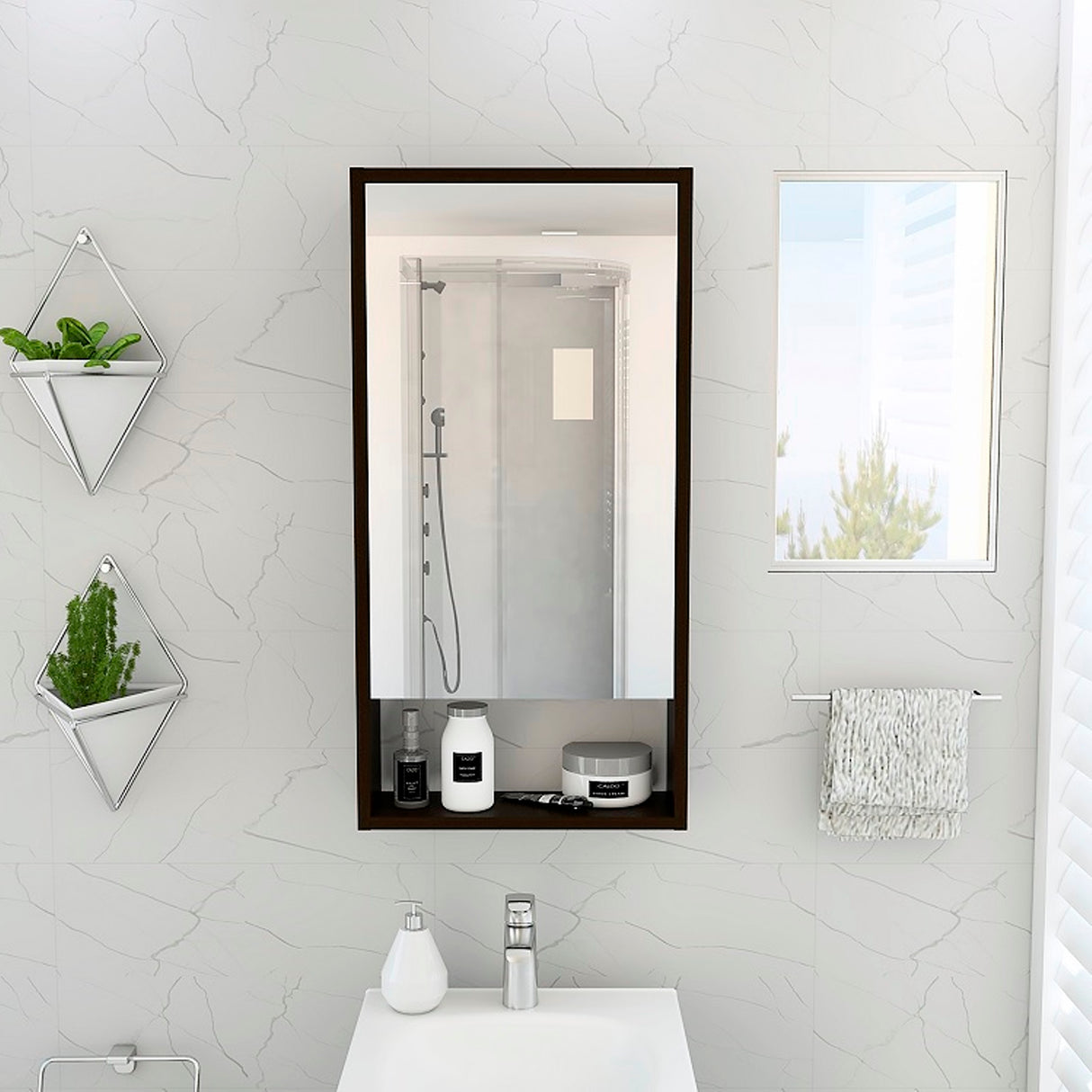 Gabinete de Baño Rectangular Mariana Wengue 45.5x90cm Con Espejo y Dos Entrepaños - GABINETES DE BANHO | Bylmo