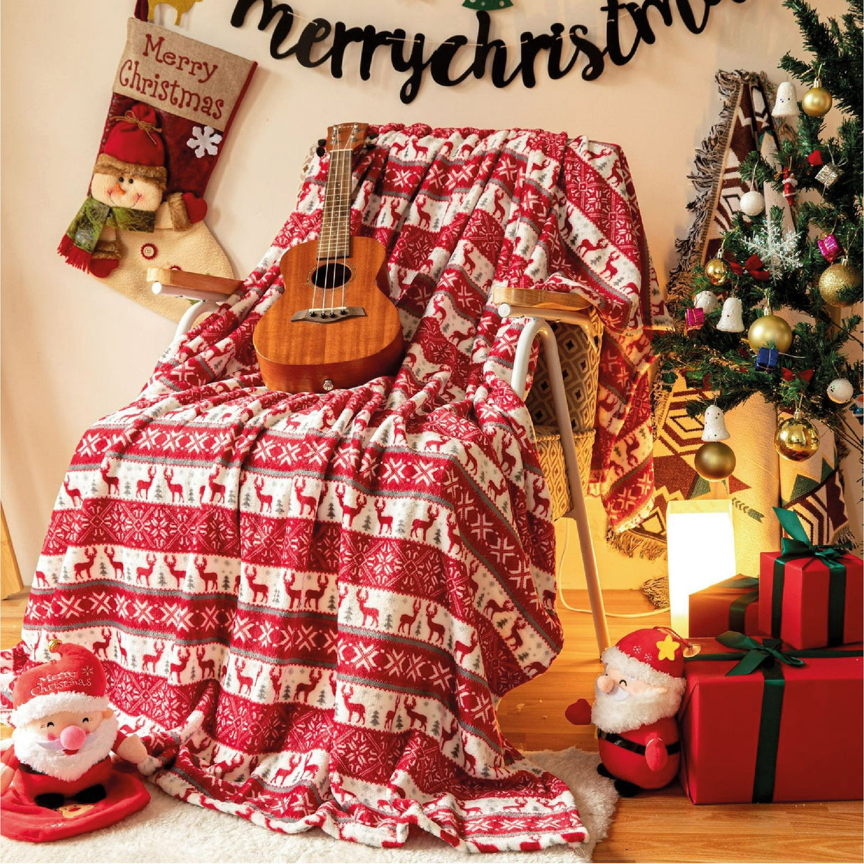 Cobija Christmas Renos Rojo Y Blanco 200x230cm Muy Suave y Ligera - COBIJAS Y MANTAS | Bylmo