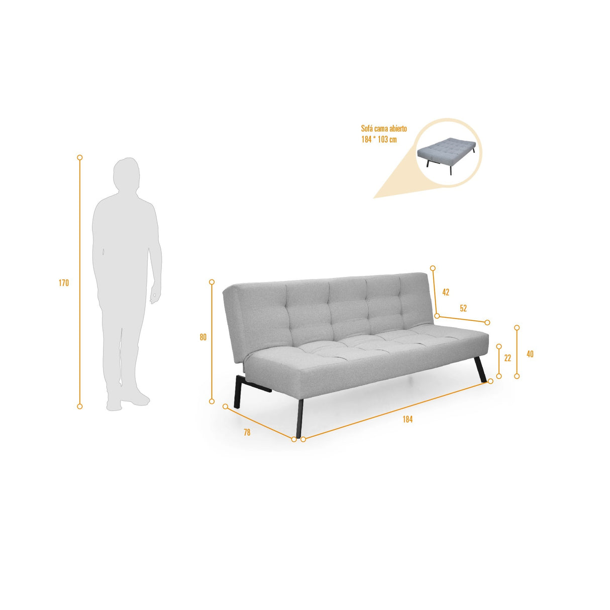 Sofacama Asher Plata 184x80cm de Tres Puestos Recinable - SOFAS Y POLTRONAS | Bylmo